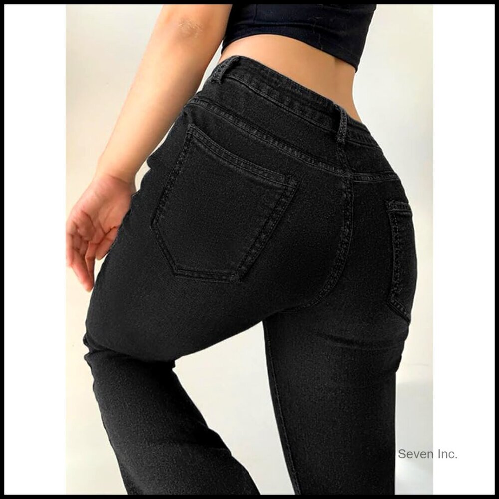 Stretchy Bell Bottom Jeans Mid-Low Rise Skinny Fit Y2K Retro Flare Pants - Picture 4 of 7
